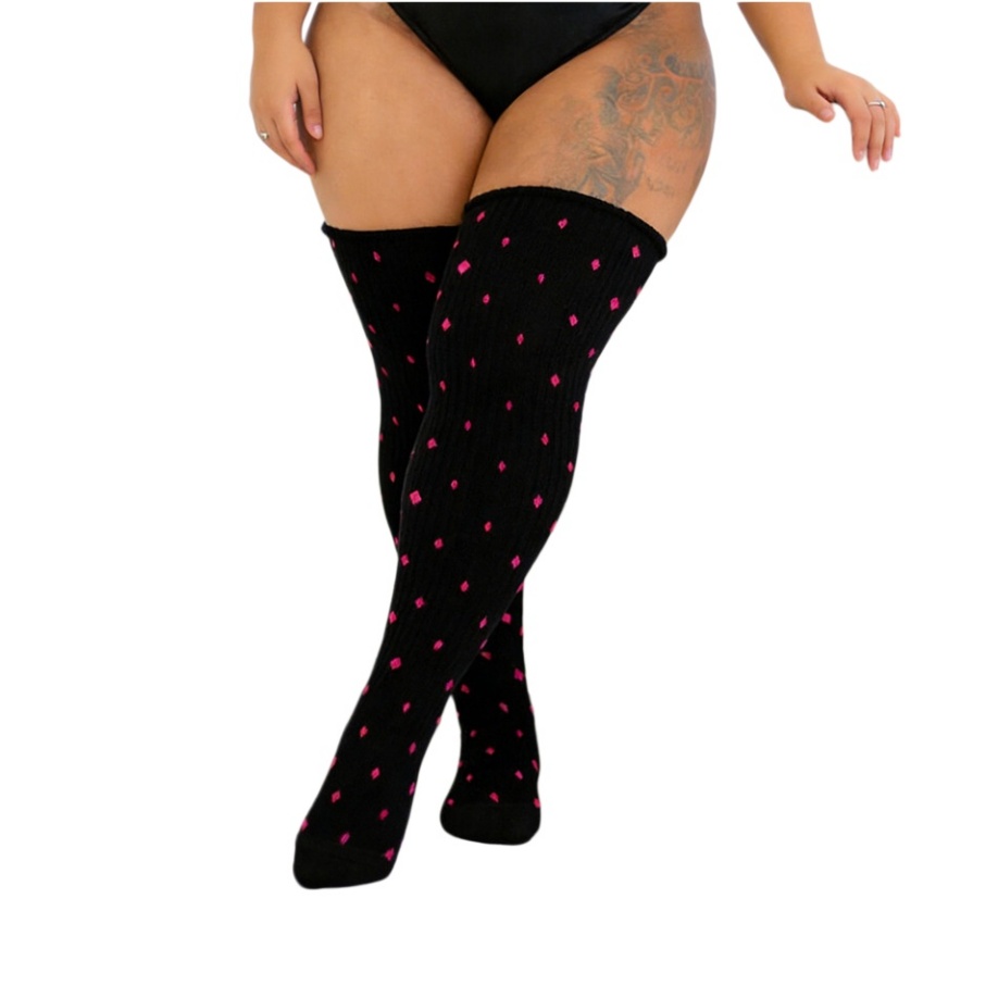 Plus Size Thigh High Socks For Women - Stretchy Polka Dot Over Knee Stockings